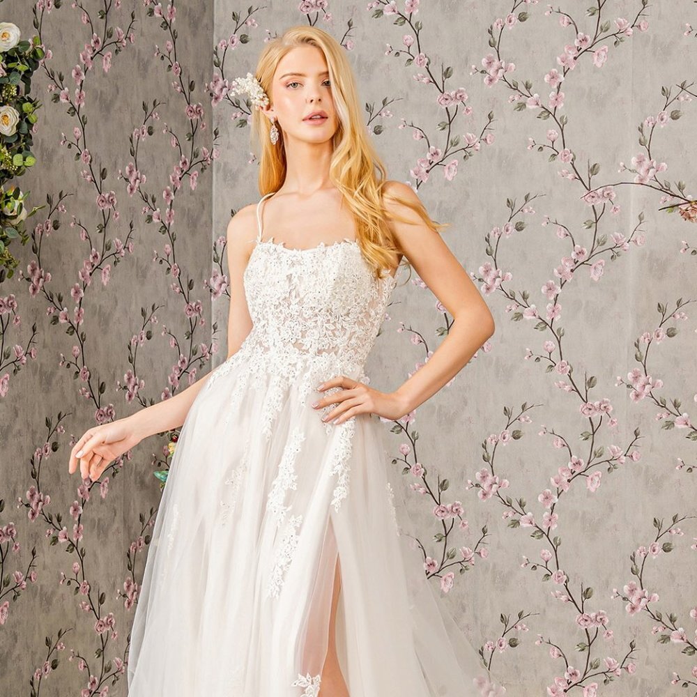 NEW LONG A-LINE WEDDING DRESS WITH SPAGHETTI STRAPS AND OPEN LACE UP BACK GL3417